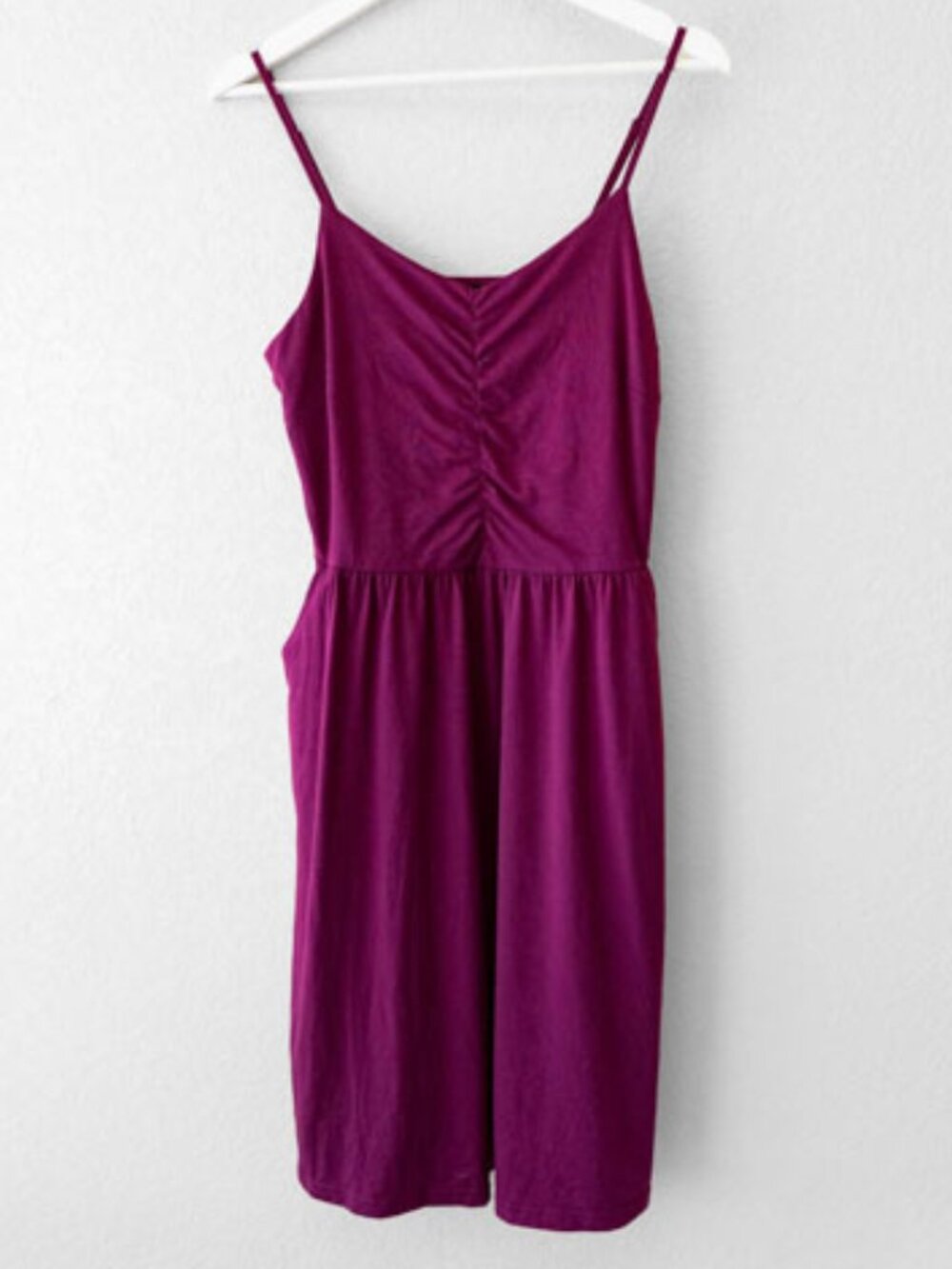 Yathon Sleeveless Dress Womens L Magenta Ruched Cami Midi Dress Pockets Casual